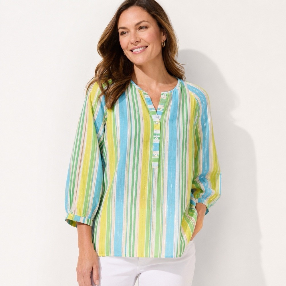 Talbots Women's Medium Striped Blouse Blue Green Yellow Metallic Accent